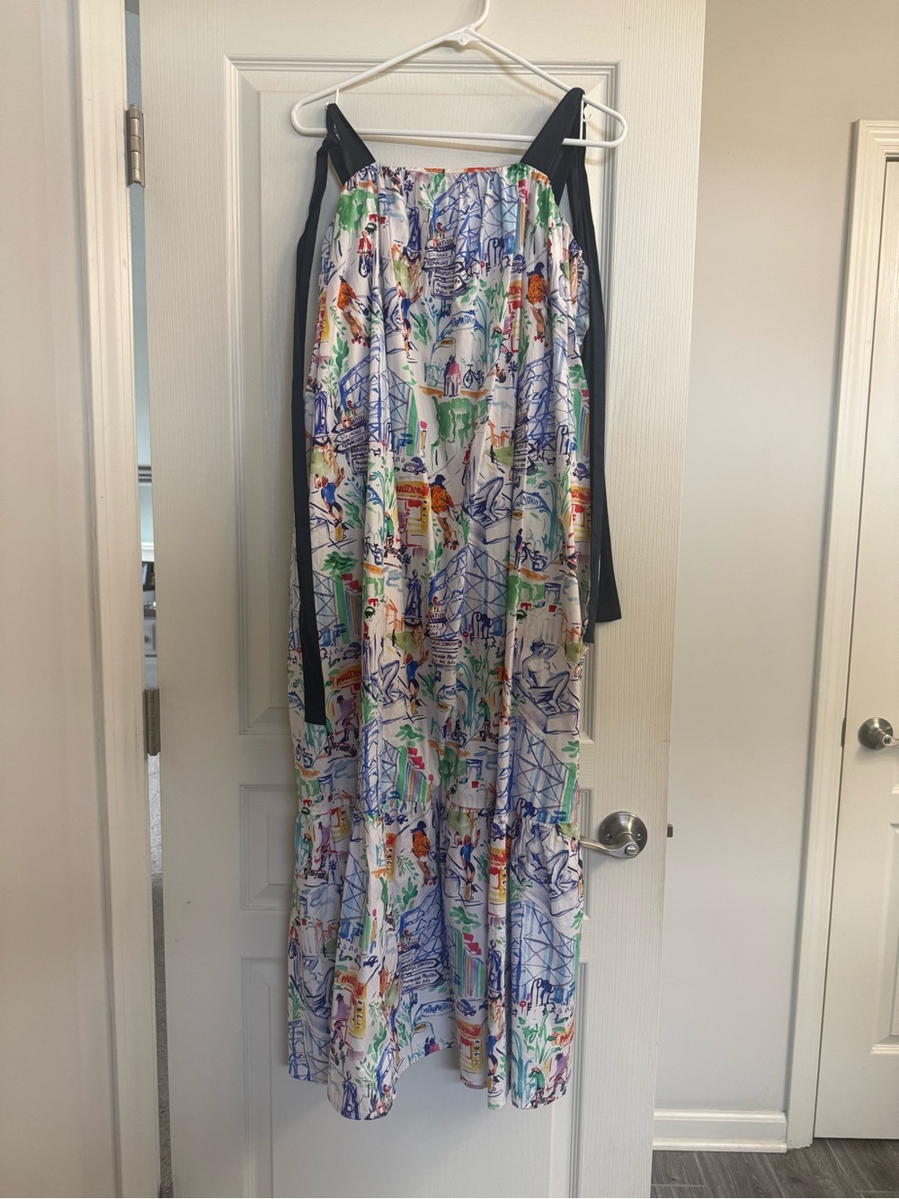 FRNCH White Dress with Multicolor Watercolor Print and Navy Accents
